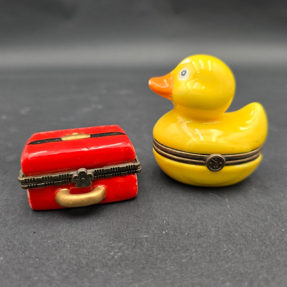 Vintage Miniature Porcelain Trinket Box Set Yellow Duck and Red Suitcase AS IS